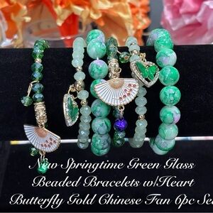 Springtime Green Glass Beaded Bracelet Set with Fan & Butterfly Charms 4pc Set